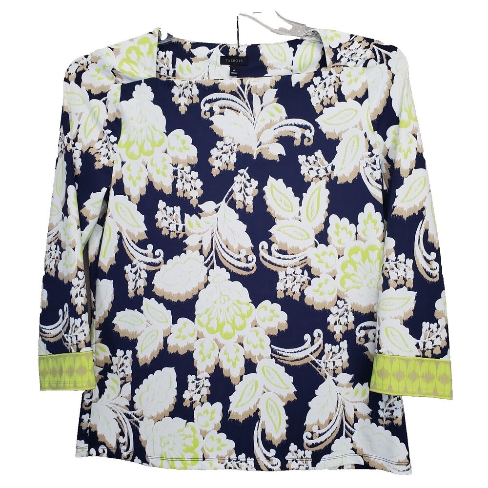 Talbots Scuba Knit Square Neck Floral Print Top Size Medium